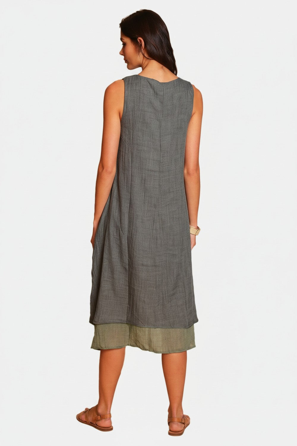 Robe décontractée doublée col V – Kaki – Le Jardin du Lin