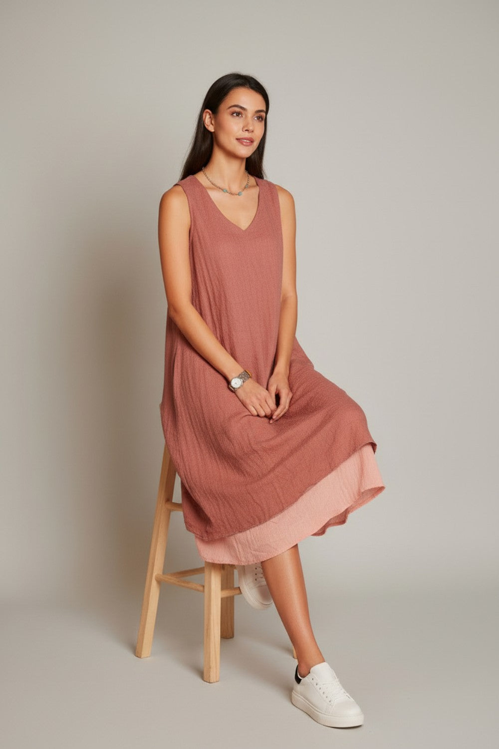 Casual V-neck lined dresses S/M – Rooibos – Le Jardin du Lin