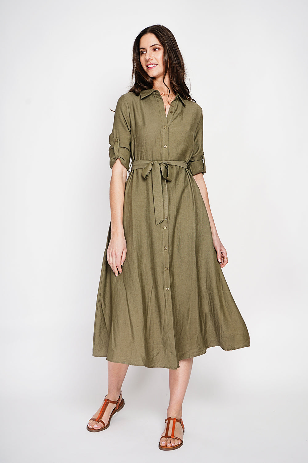 Robe chemise boutonnée devant à manches longues avec ceinture – Kaki – Le Jardin du Lin