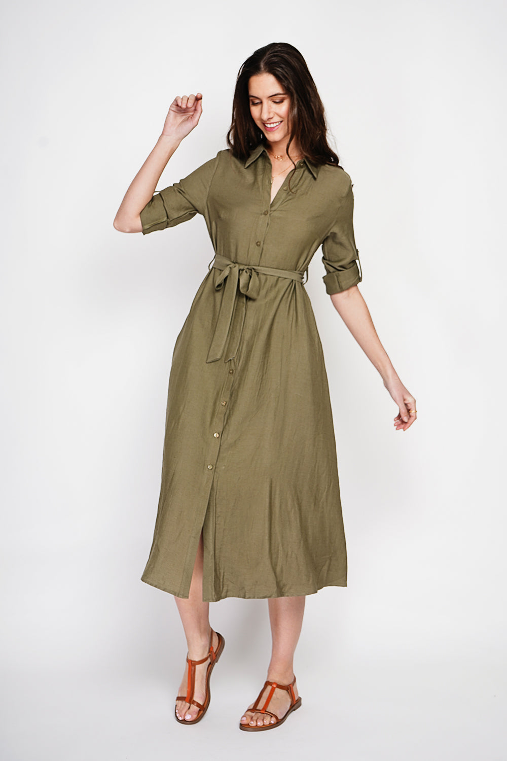 Robe chemise boutonnée devant à manches longues avec ceinture – Kaki – Le Jardin du Lin