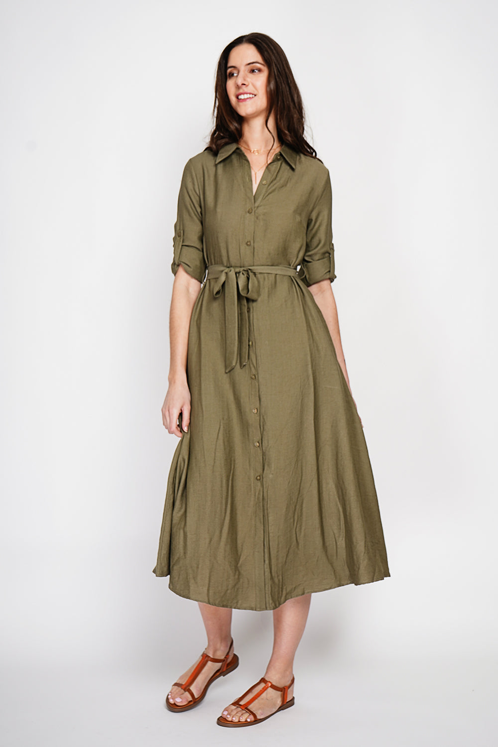 Robe chemise boutonnée devant à manches longues avec ceinture – Kaki – Le Jardin du Lin