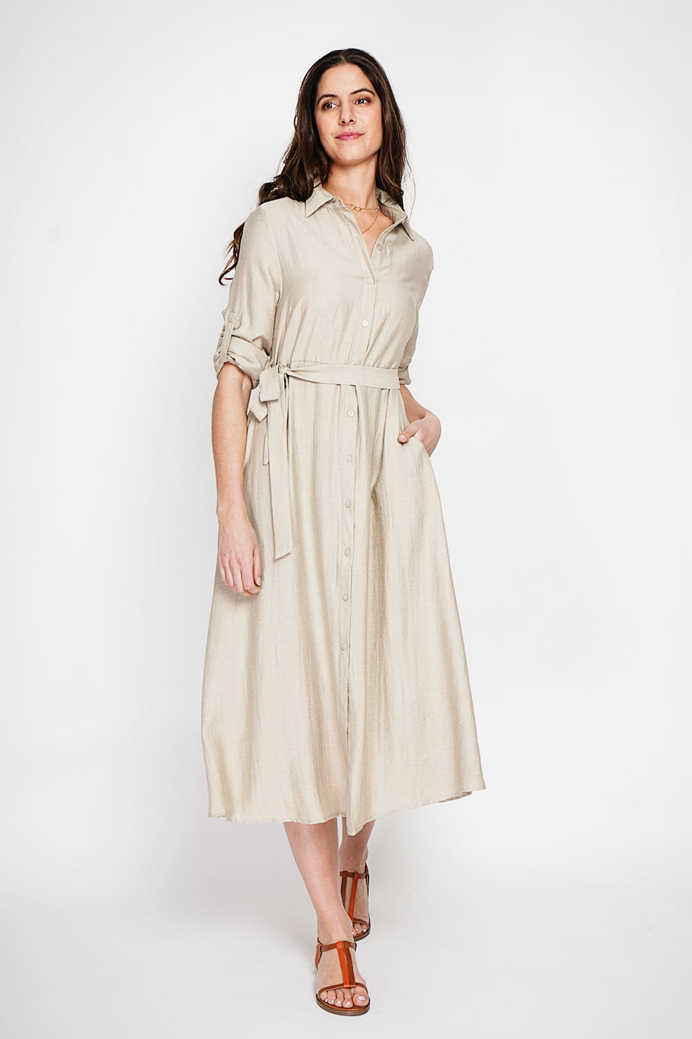 Robe chemise boutonnée devant à manches longues avec ceinture – Lin – Le Jardin du Lin