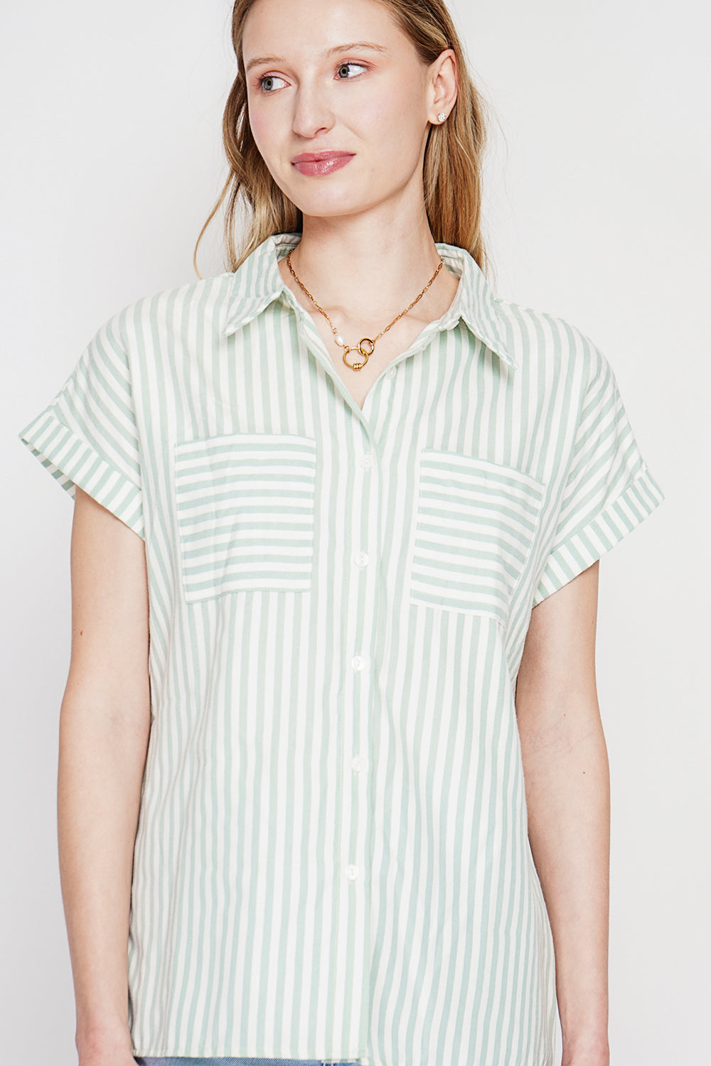 Chemise rayée boutonnée, manches courtes – Vert jade – Le Jardin du Lin