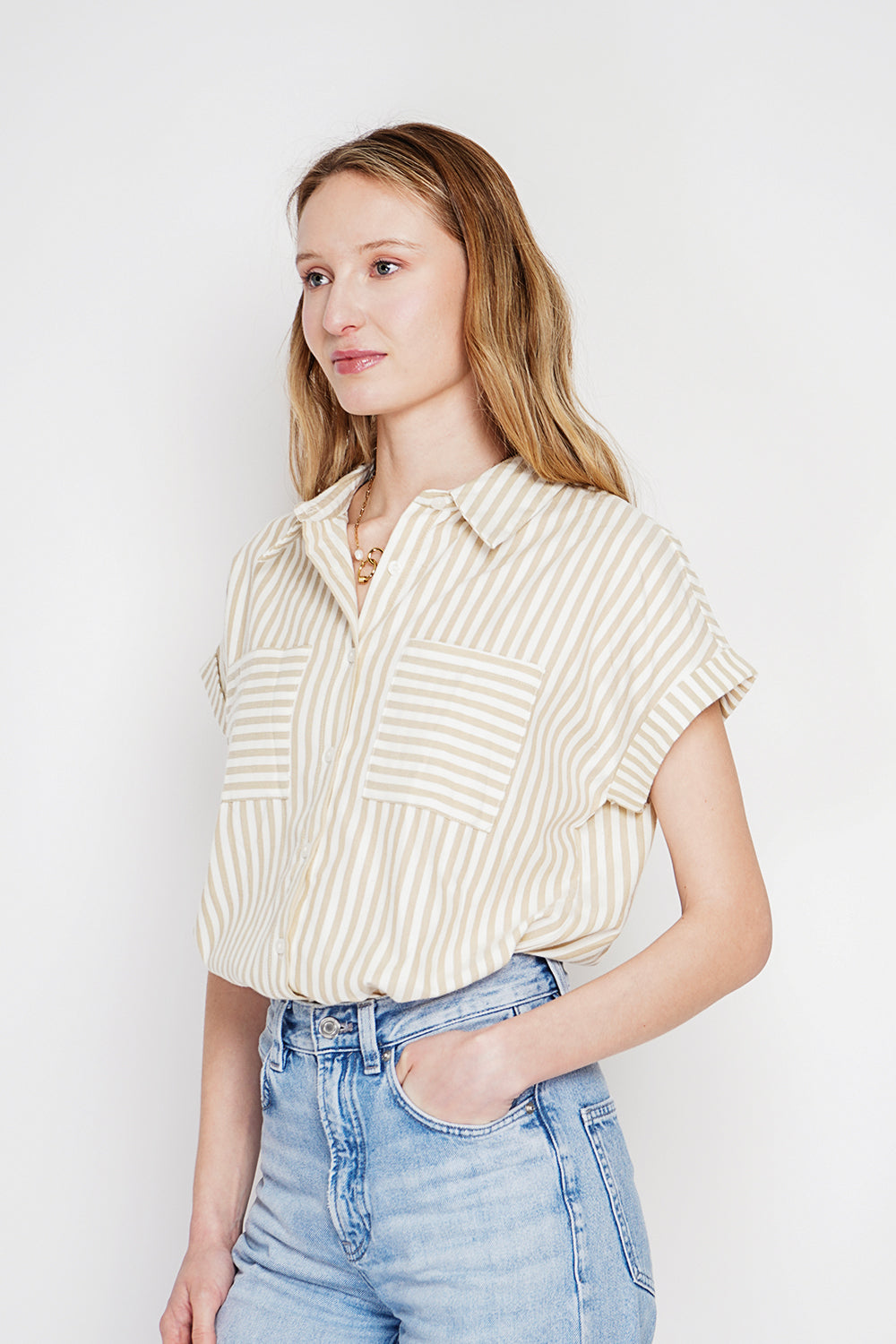 Chemise rayée boutonnée, manches courtes – Lin – Le Jardin du Lin