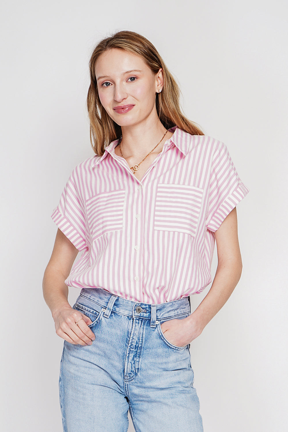 Chemise rayée boutonnée, manches courtes – Rose – Le Jardin du Lin
