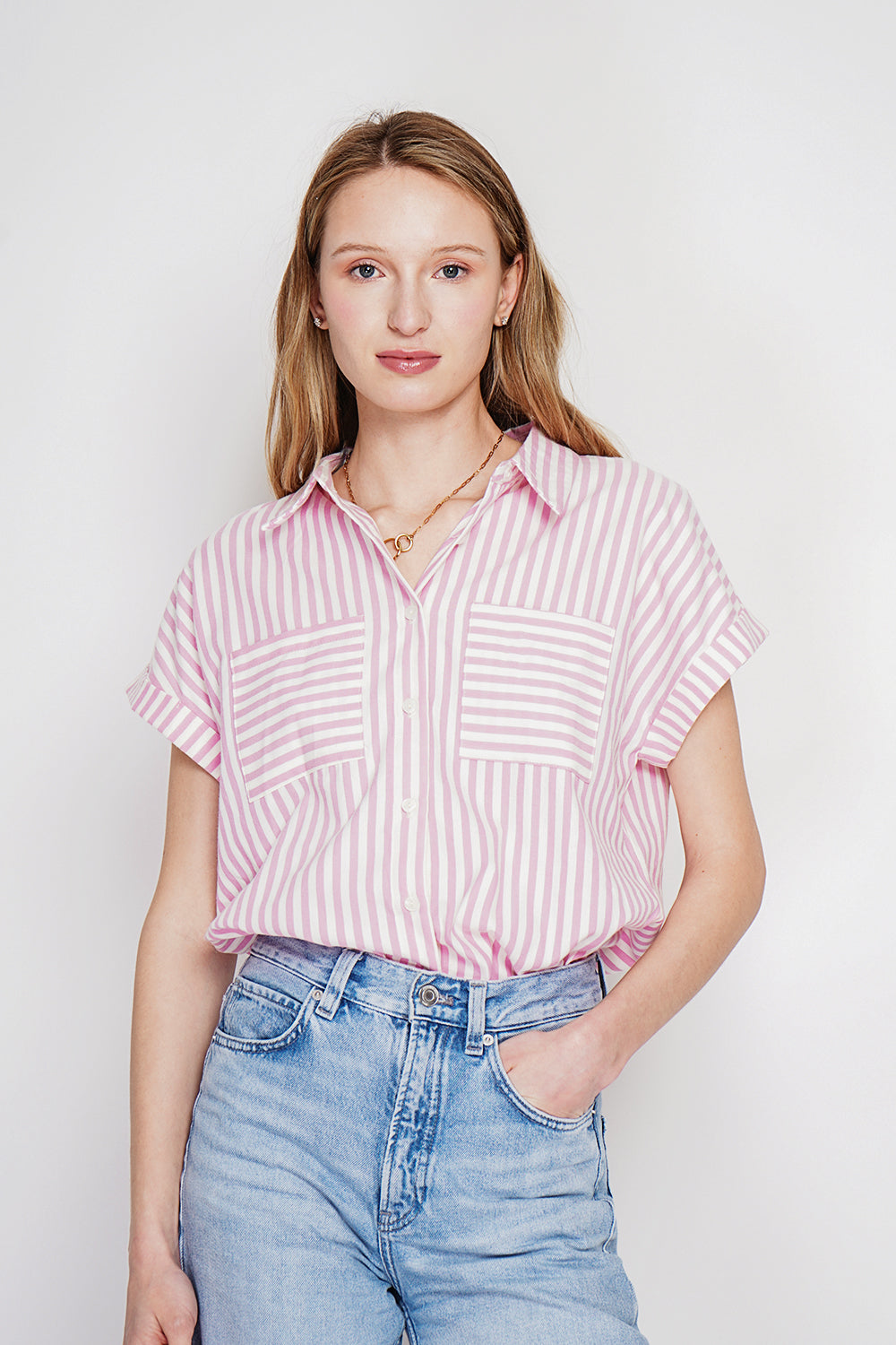 Chemise rayée boutonnée, manches courtes – Rose – Le Jardin du Lin