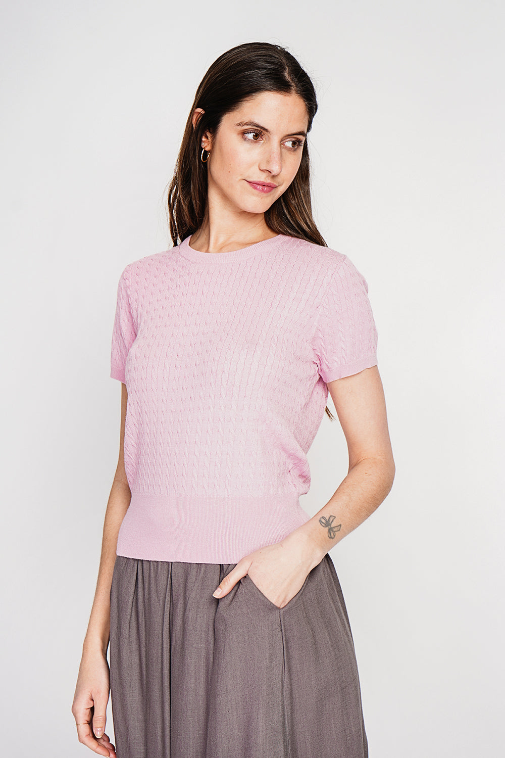 Pull col rond torsadé, manches courtes – Rose – Le Jardin du Lin