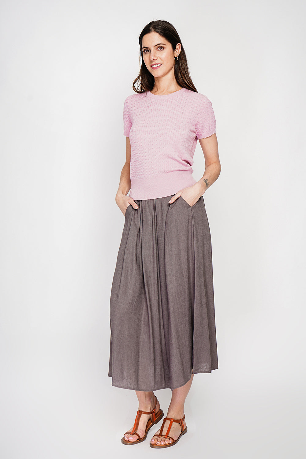 Pull col rond torsadé, manches courtes – Rose – Le Jardin du Lin