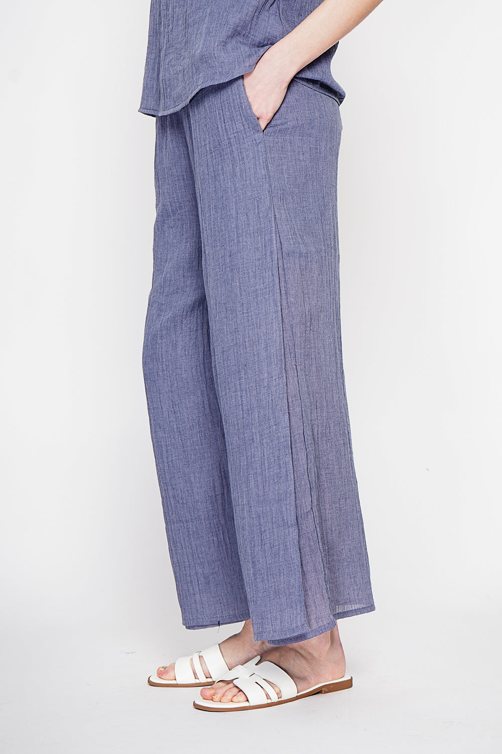 Pantalon taille haute style portefeuille – Bleu jean – Le Jardin du Lin