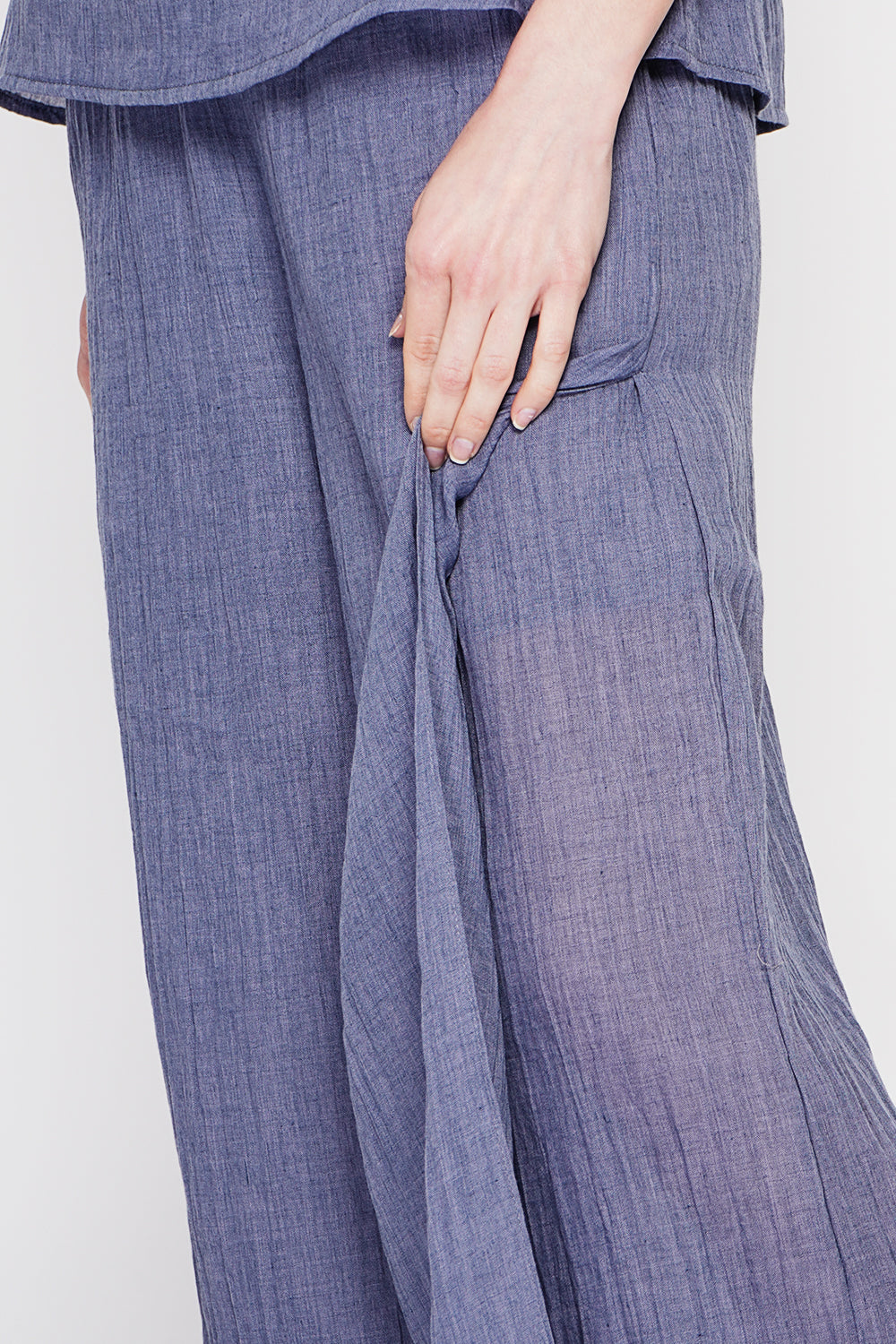 Pantalon taille haute style portefeuille – Bleu jean – Le Jardin du Lin