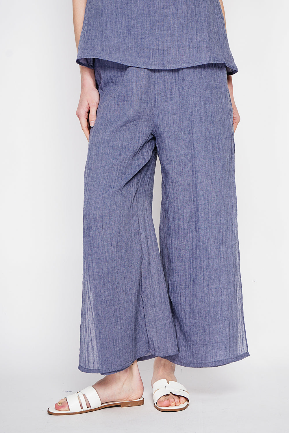 Pantalon taille haute style portefeuille – Bleu jean – Le Jardin du Lin