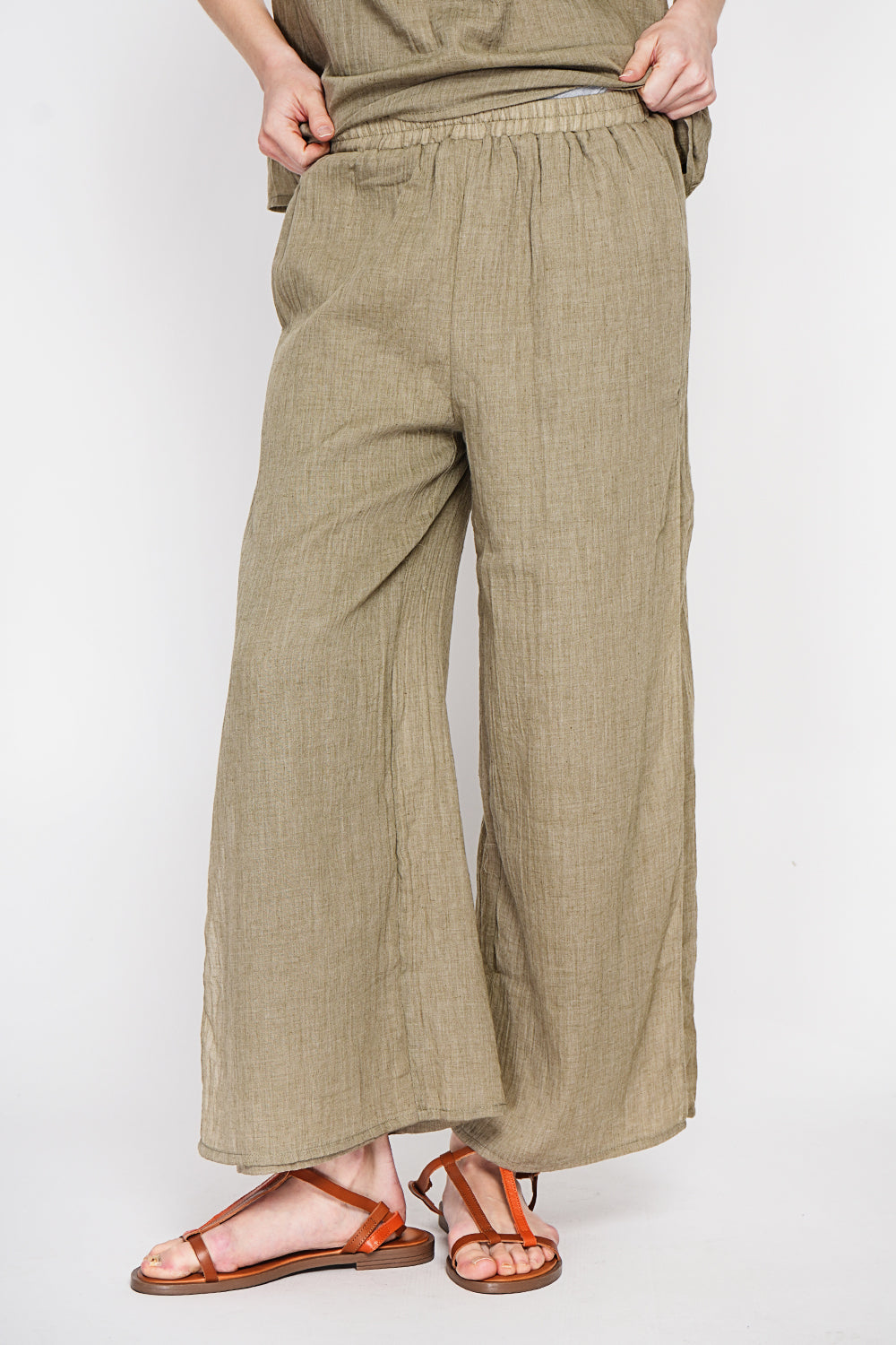 Pantalon taille haute style portefeuille – Kaki – Le Jardin du Lin