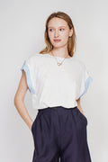 Round neck t-shirt with oversized cut and short sleeves with button placket – White – Le Jardin du Lin