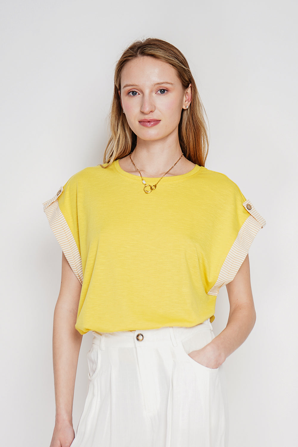 T-shirt col rond oversize, manches courtes – Curry – Le Jardin du Lin