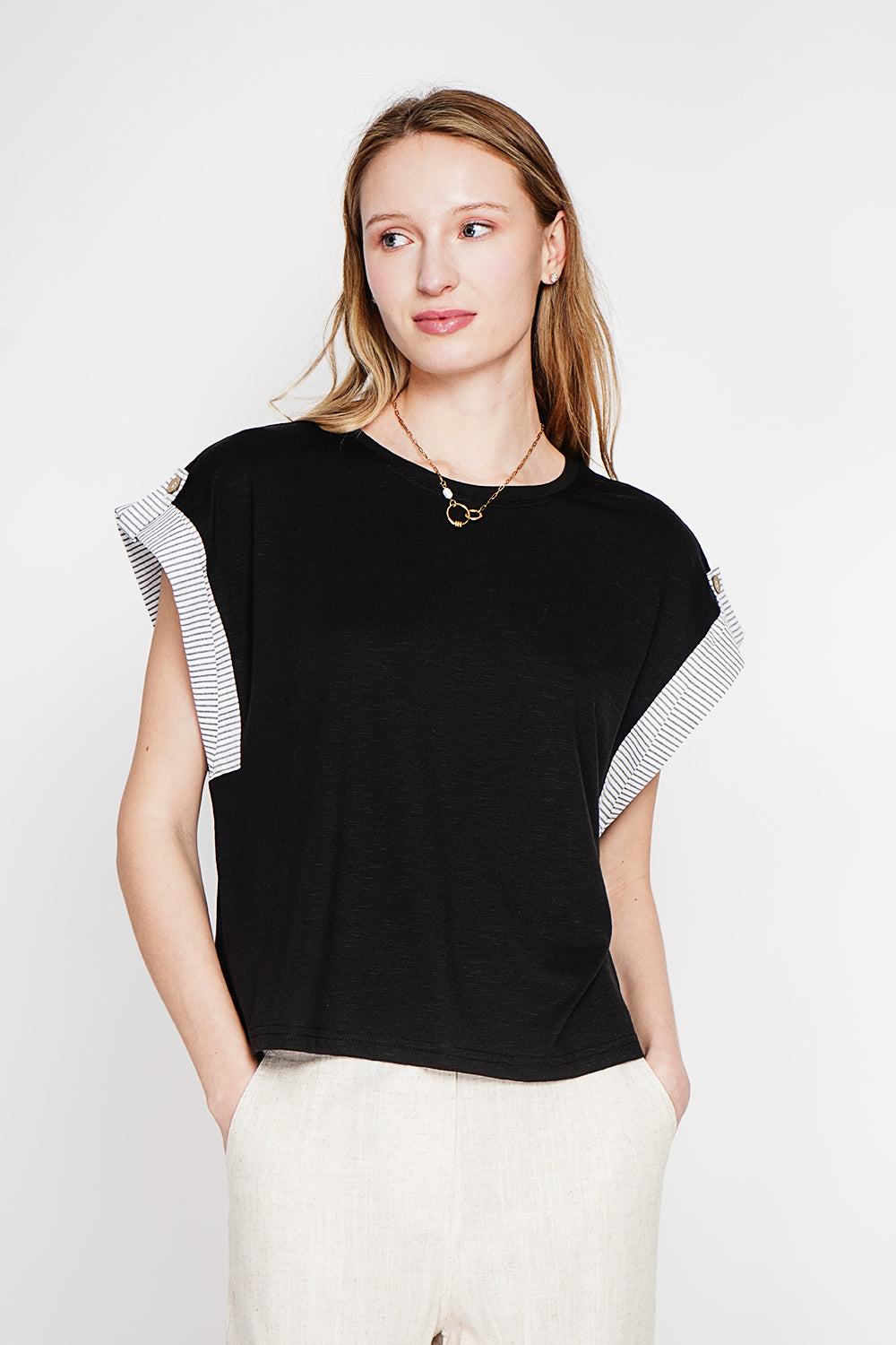 T-shirt col rond oversize, manches courtes – Noir – Le Jardin du Lin