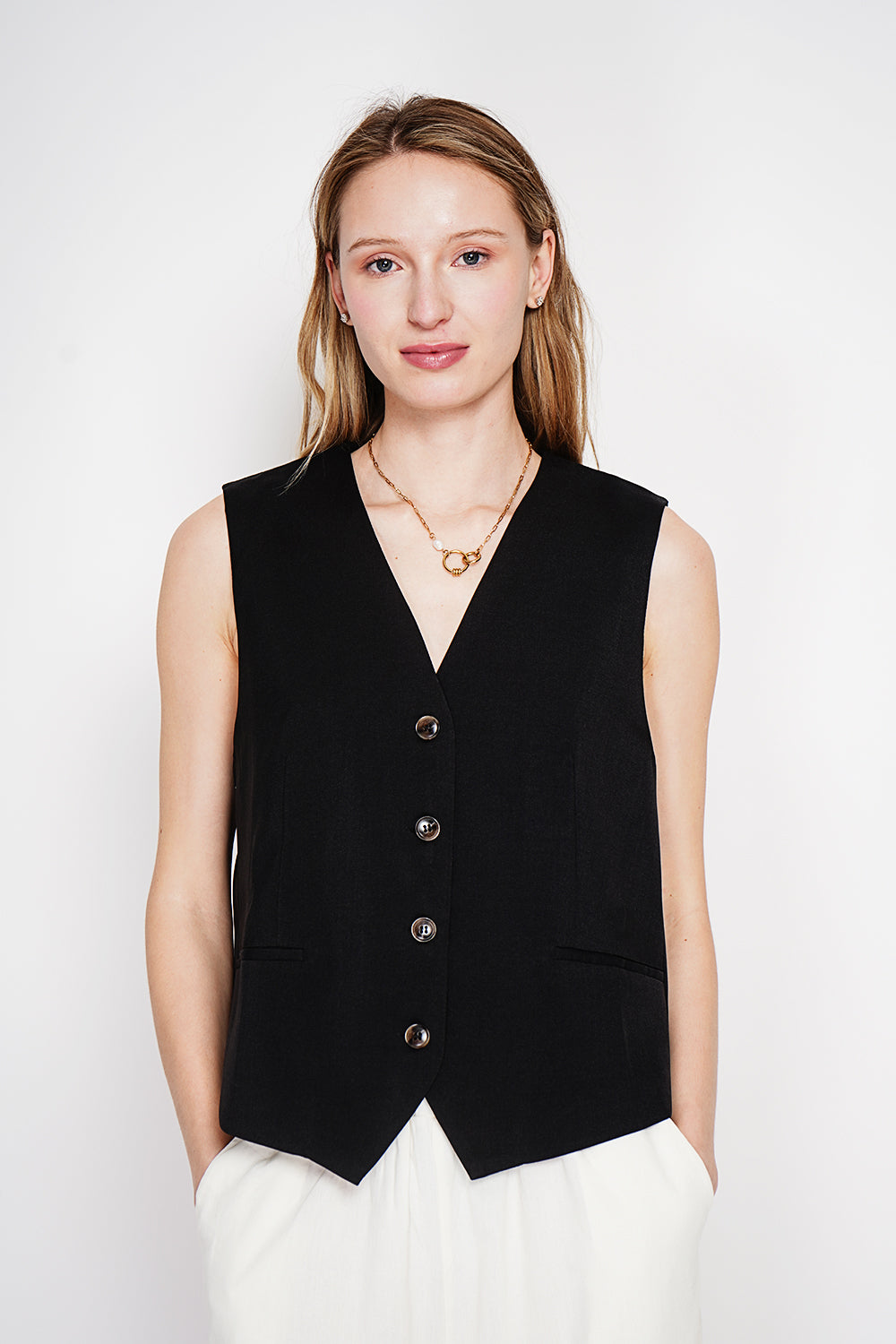 Gilet de costume court sans manches en lin doublé – Noir – Le Jardin du Lin