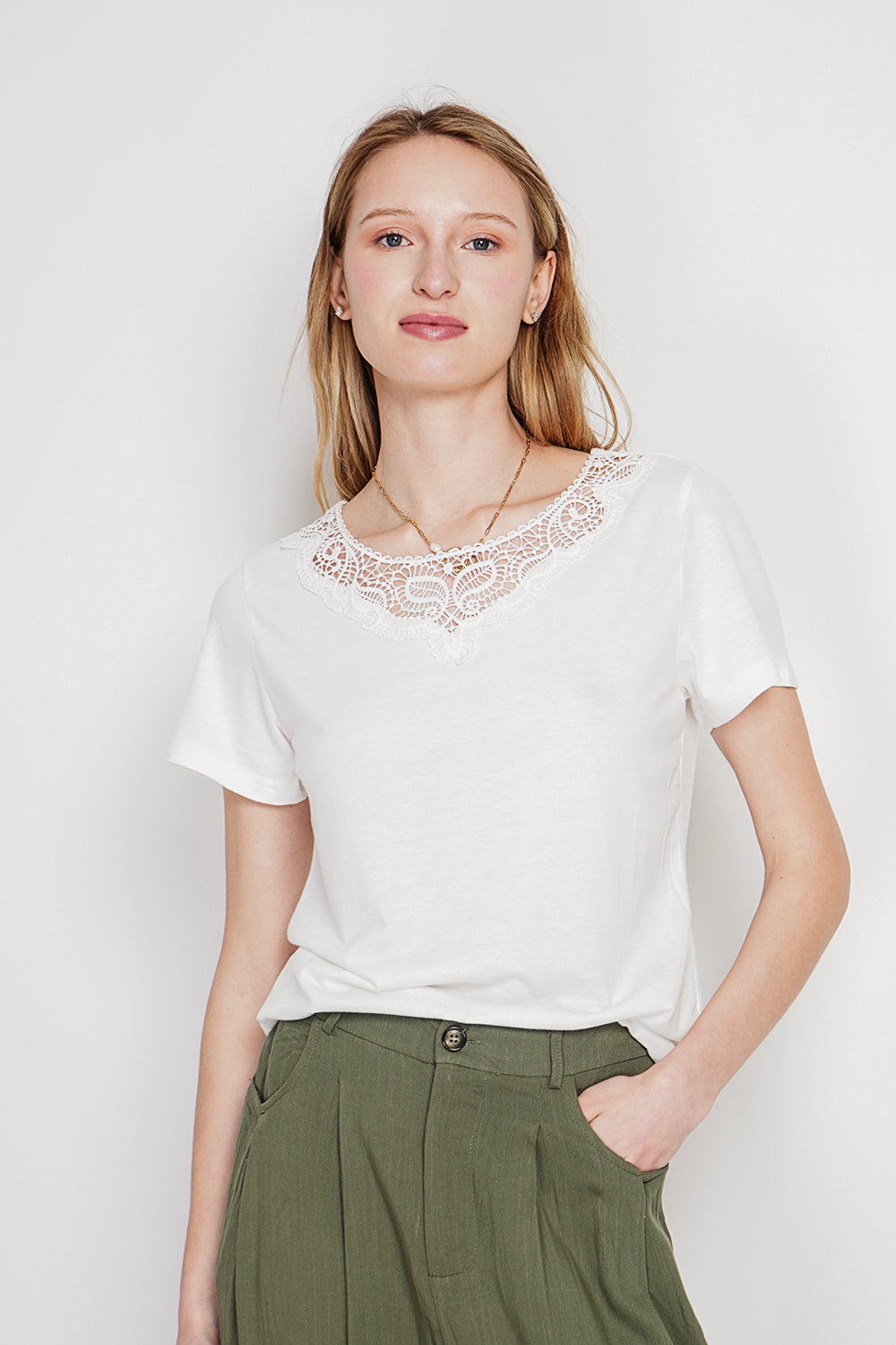 T-shirt col rond manches courtes en dentelle – Blanc – Le Jardin du Lin