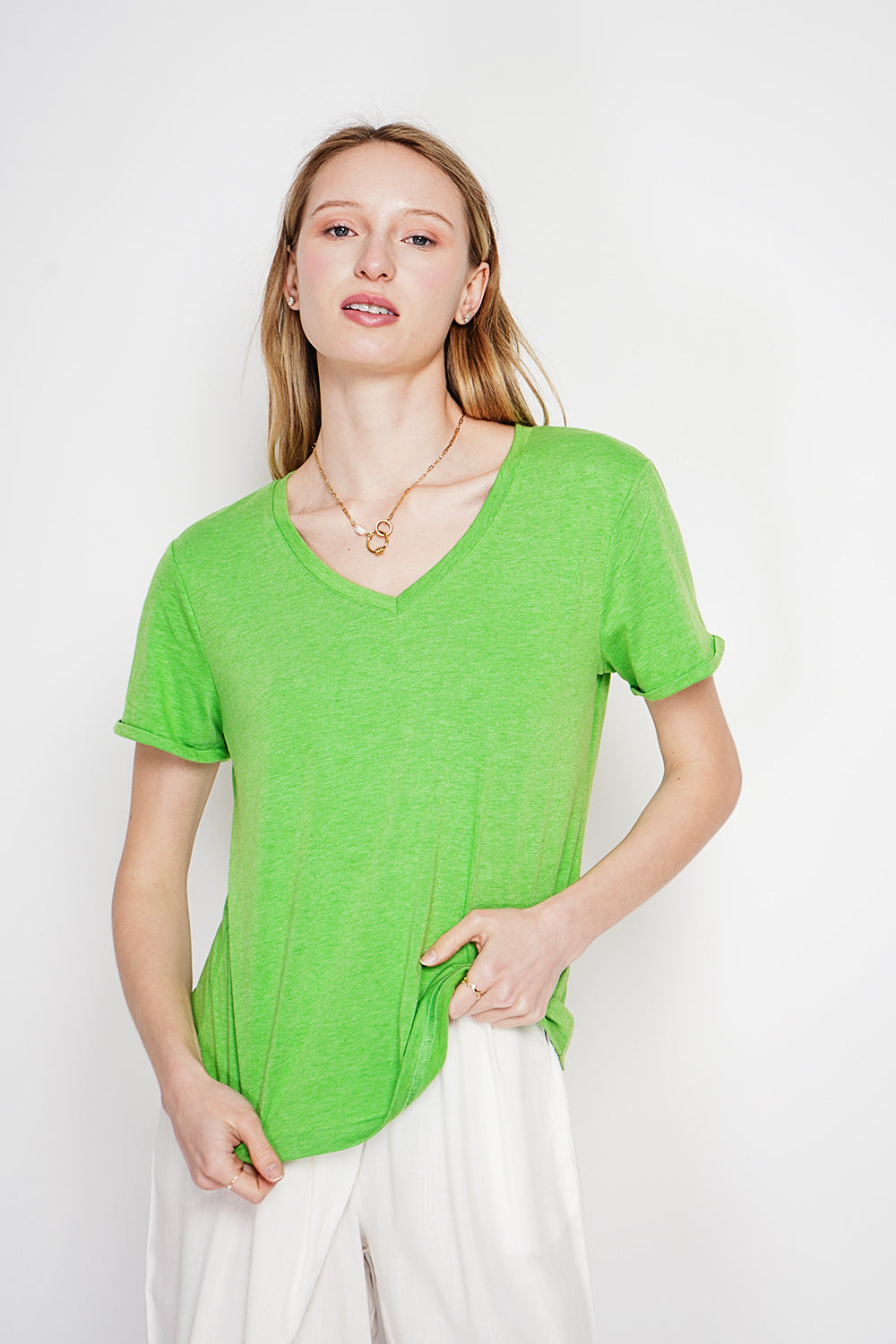 T-shirt col V manches courtes – Vert émeraude – Le Jardin du Lin