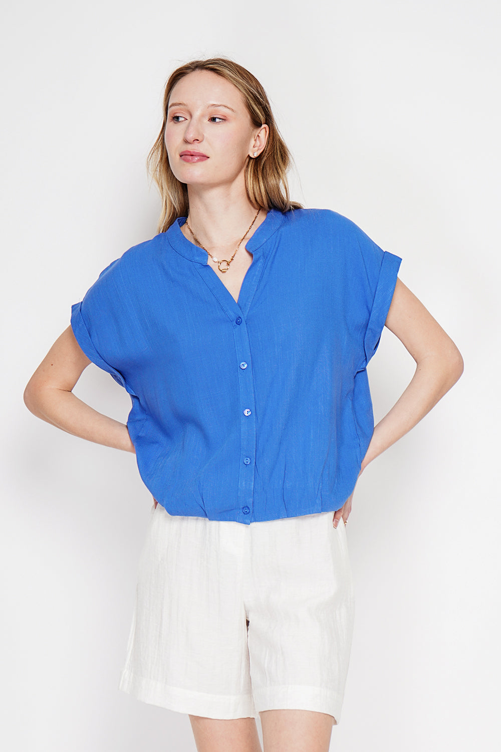 Chemise col tunisien boutonnée – Bleu azur – Le Jardin du Lin