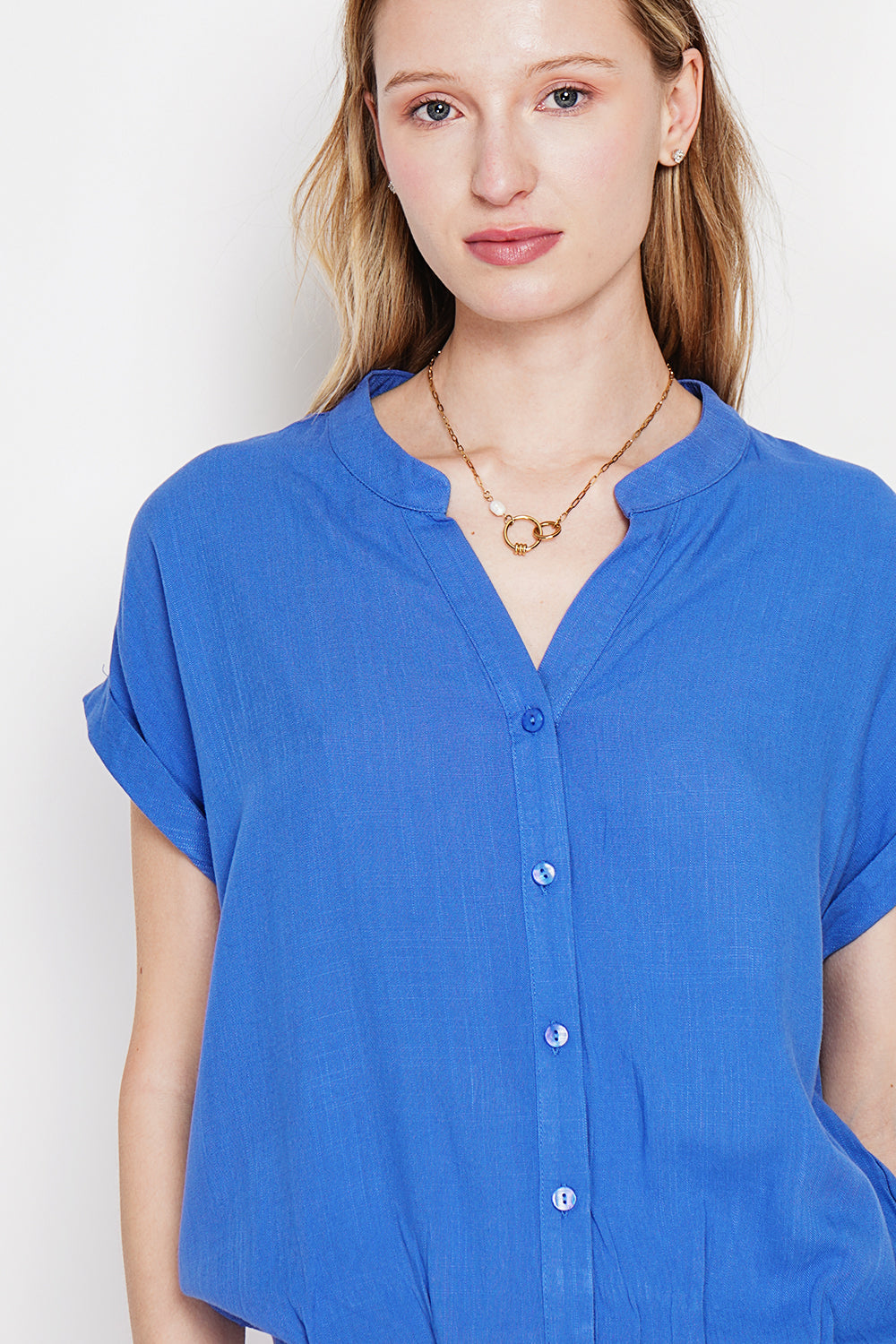 Chemise col tunisien boutonnée – Bleu azur – Le Jardin du Lin