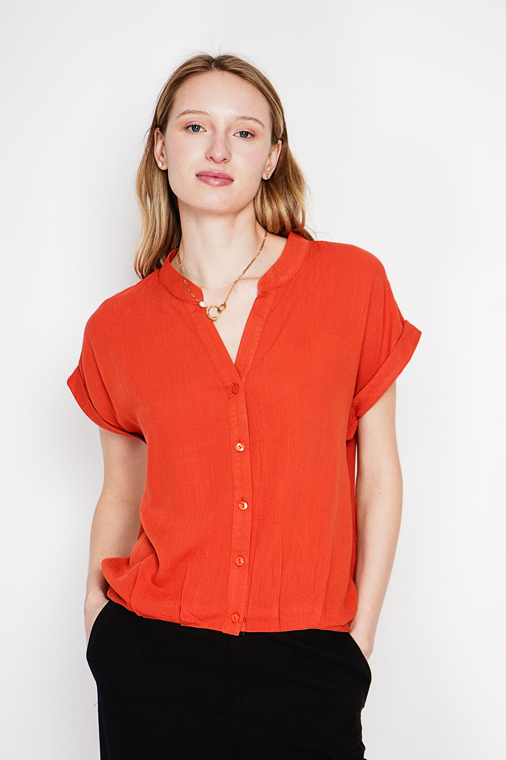 Chemise col tunisien boutonnée – Orange – Le Jardin du Lin