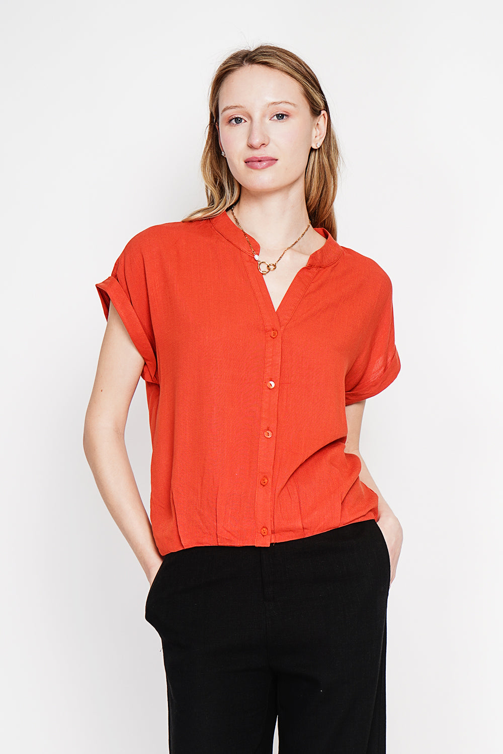 Chemise col tunisien boutonnée – Orange – Le Jardin du Lin