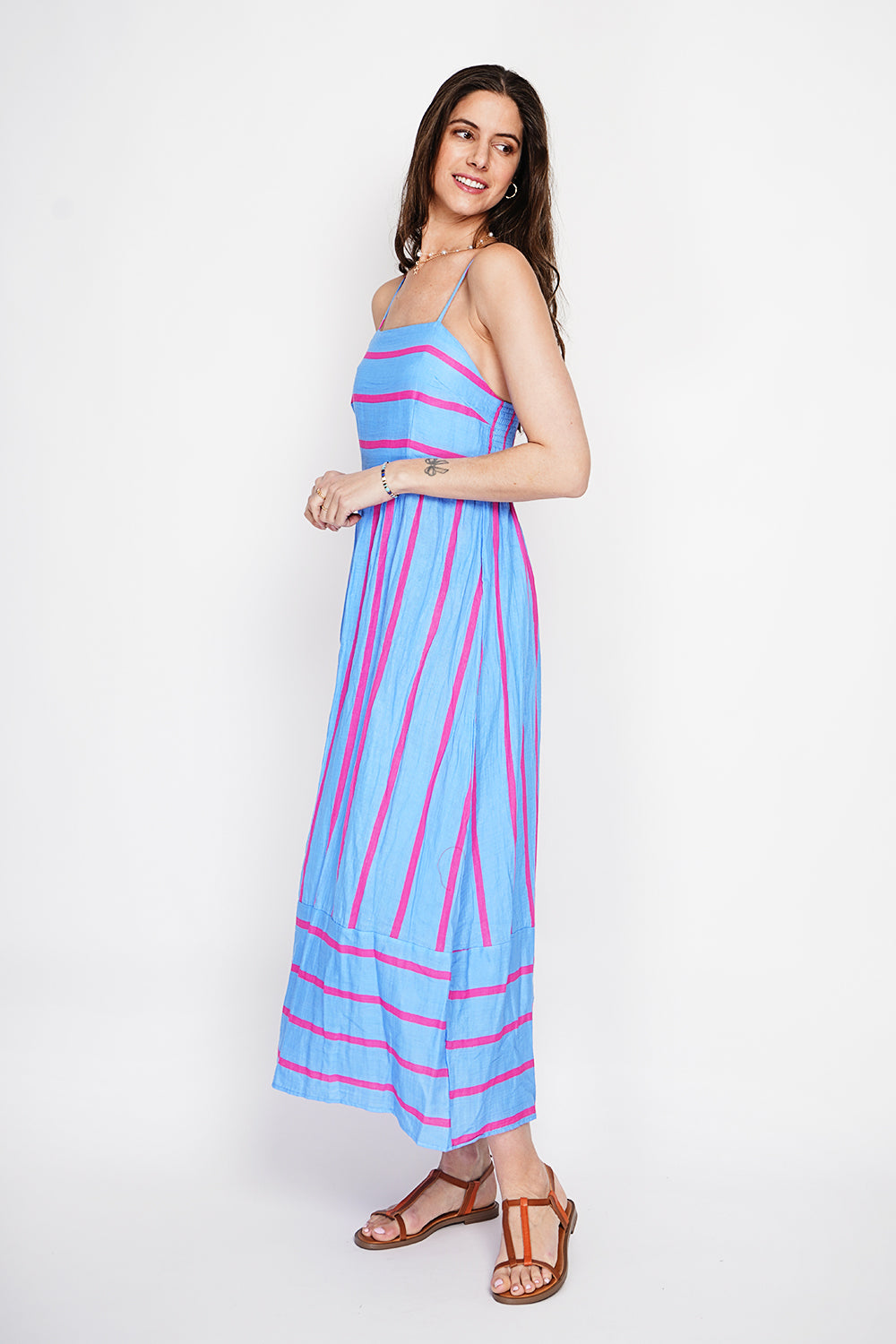 Striped Strappy Summer Long Dress – Blue Azure – Le Jardin du Lin