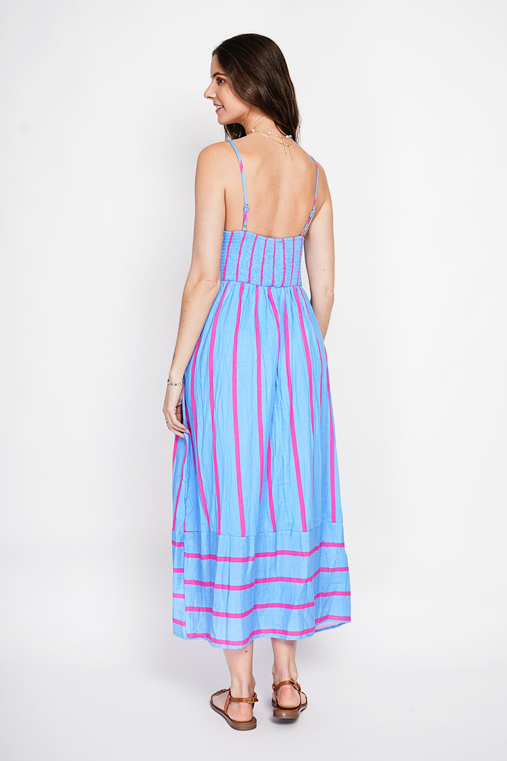 Striped Strappy Summer Long Dress – Blue Azure – Le Jardin du Lin