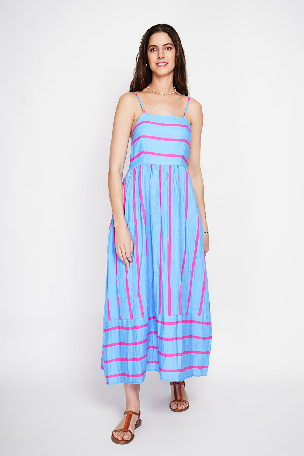 Striped Strappy Summer Long Dress – Blue Azure – Le Jardin du Lin