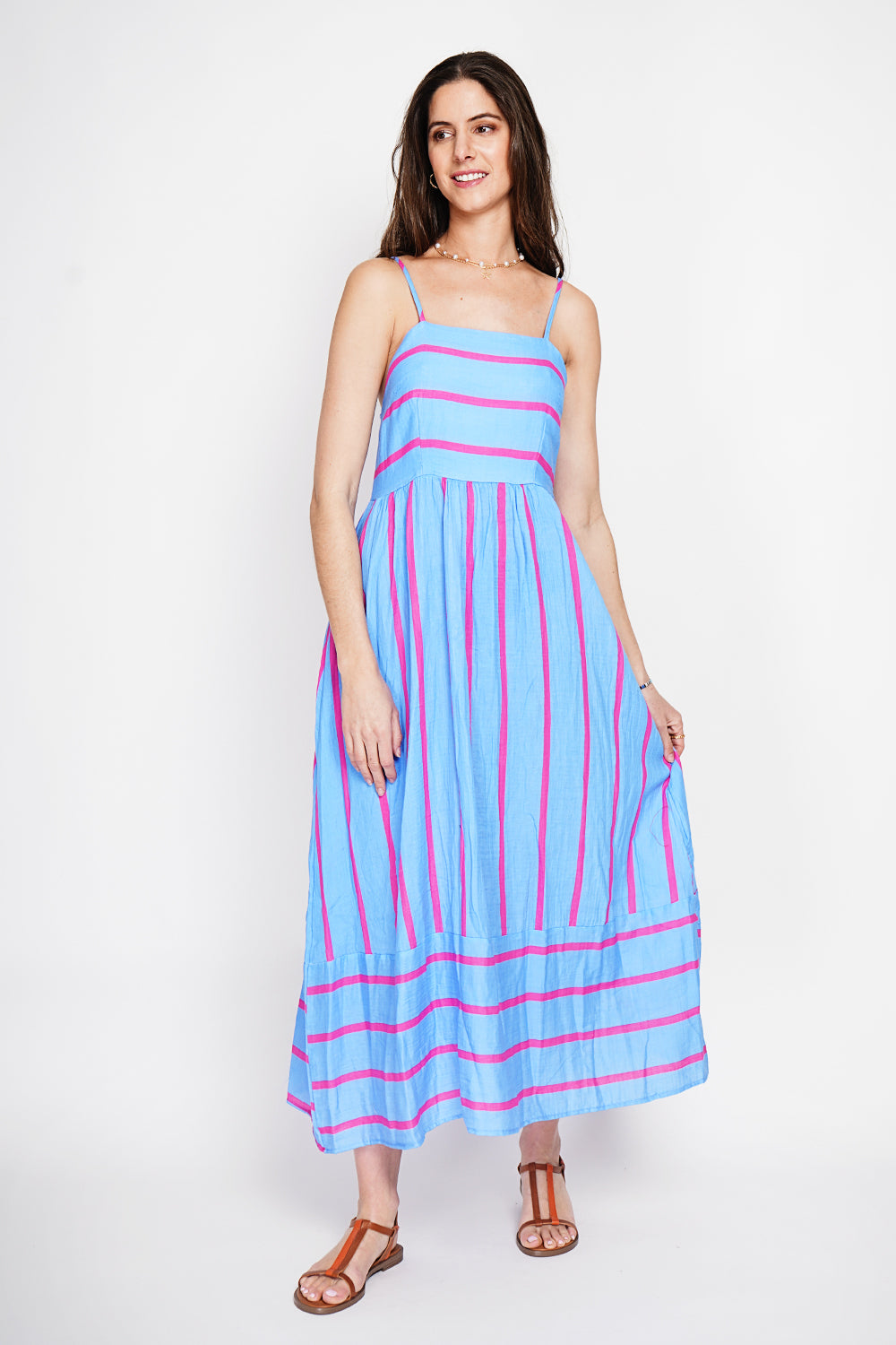 Striped Strappy Summer Long Dress – Blue Azure – Le Jardin du Lin