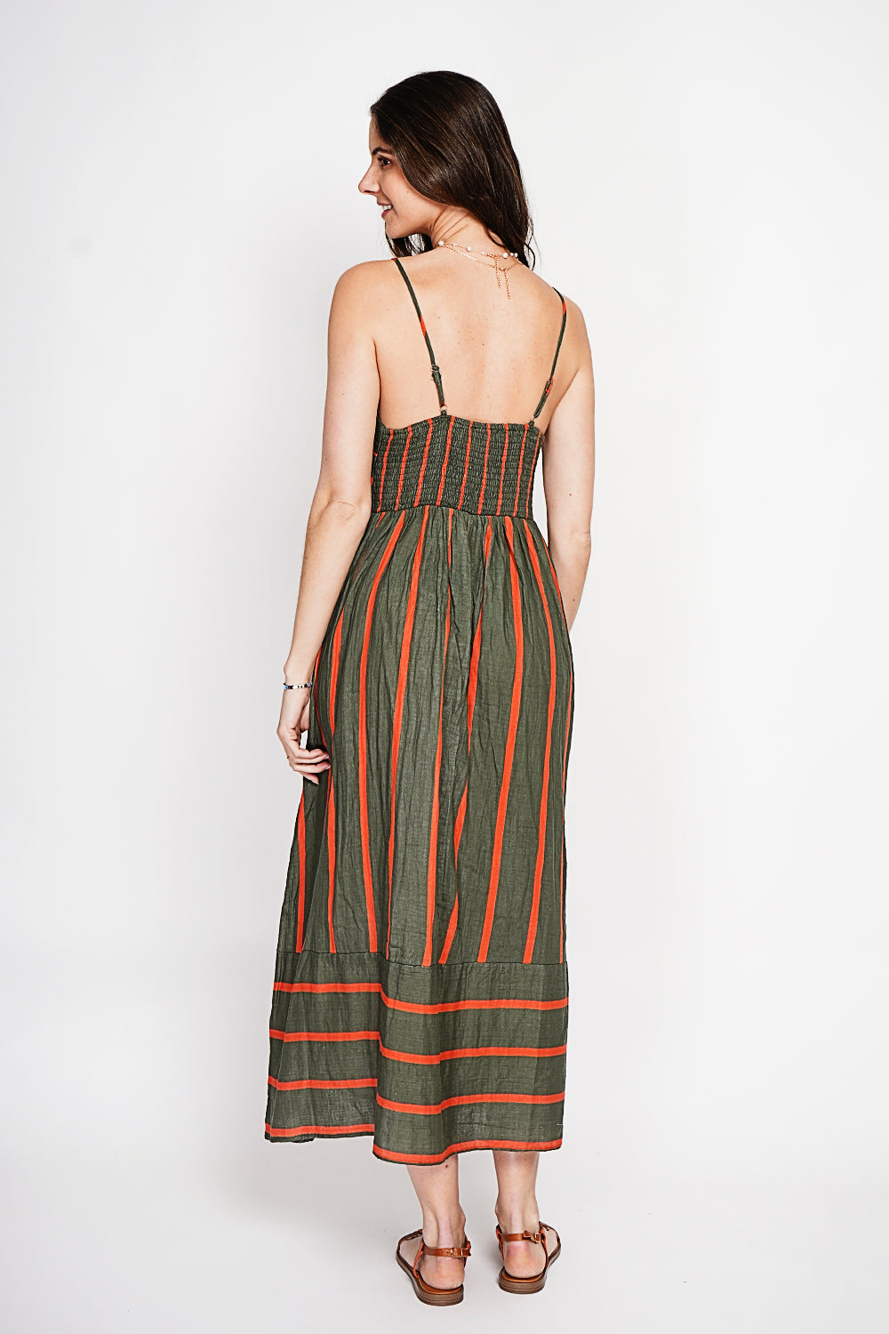 Robe longue d'été rayée à bretelles – Kaki – Le Jardin du Lin