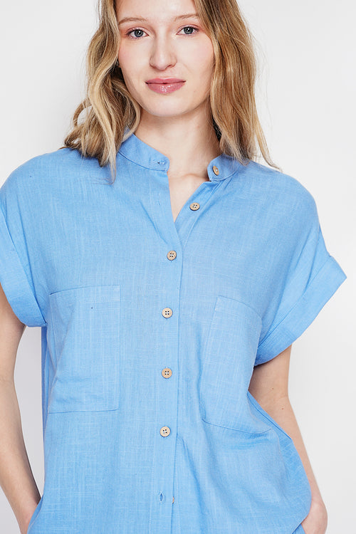 Buttoned front tunic with short sleeve pockets – Blue Azure – Le Jardin du Lin