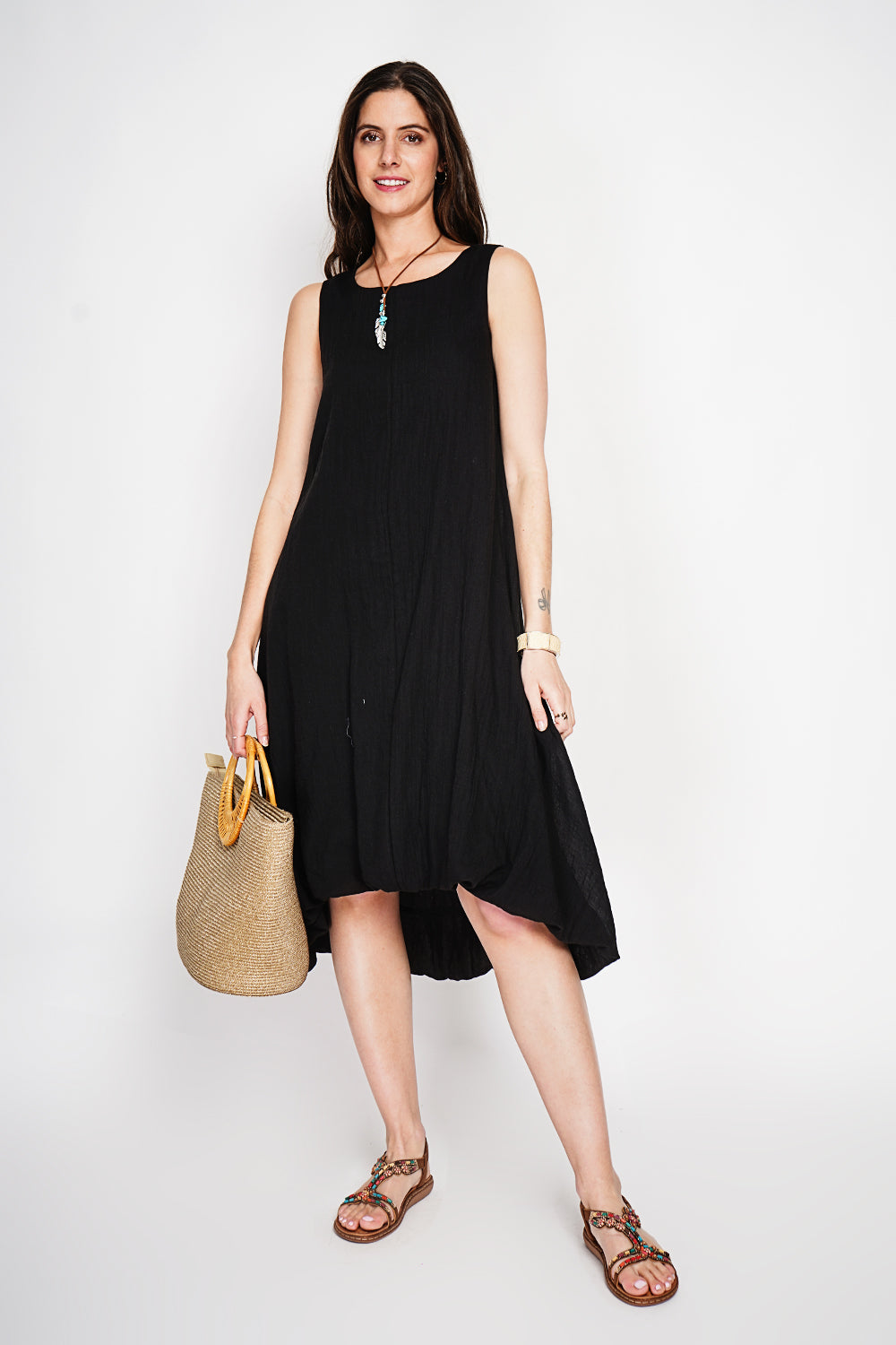 Robe longue babydoll doublée – Noir – Le Jardin du Lin