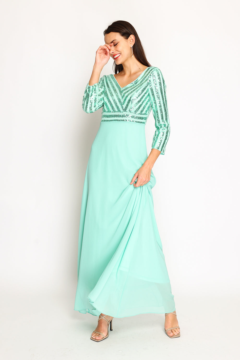 Robe longue col V manches 3/4 à paillettes – Vert jade – Assuili