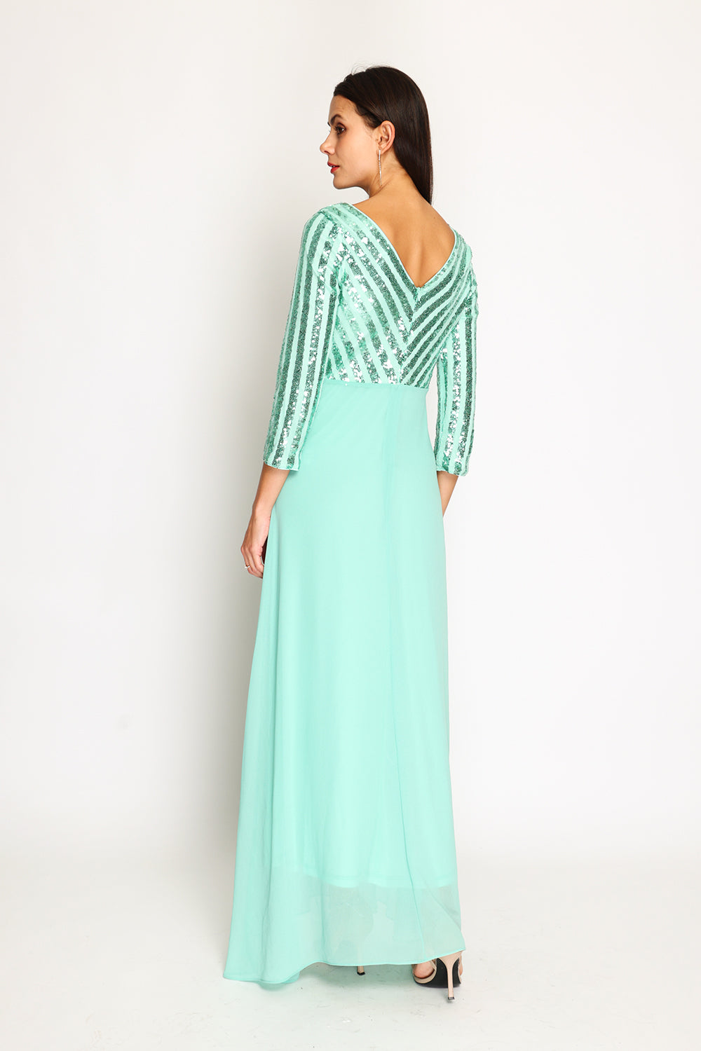 Robe longue col V manches 3/4 à paillettes – Vert jade – Assuili