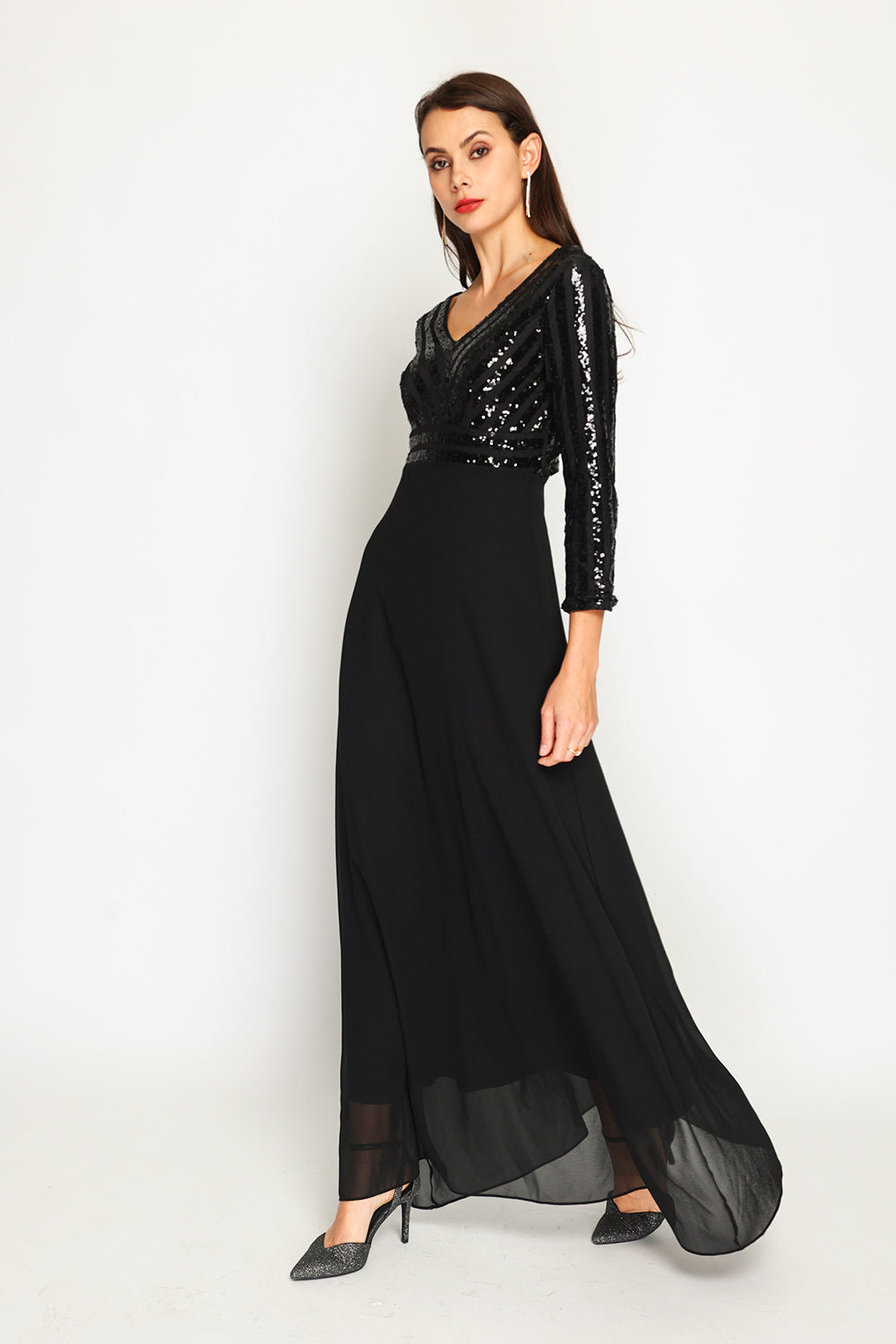 Robe longue col V manches 3/4 à paillettes – Noir – Assuili