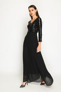 Robe longue col V manches 3/4 à paillettes – Noir – Assuili