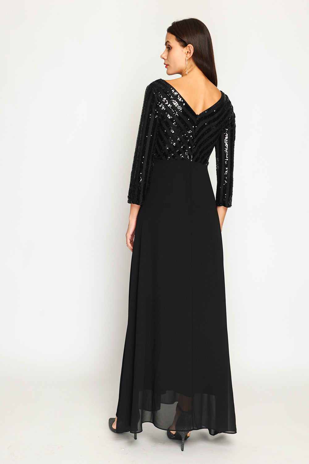 Robe longue col V manches 3/4 à paillettes – Noir – Assuili