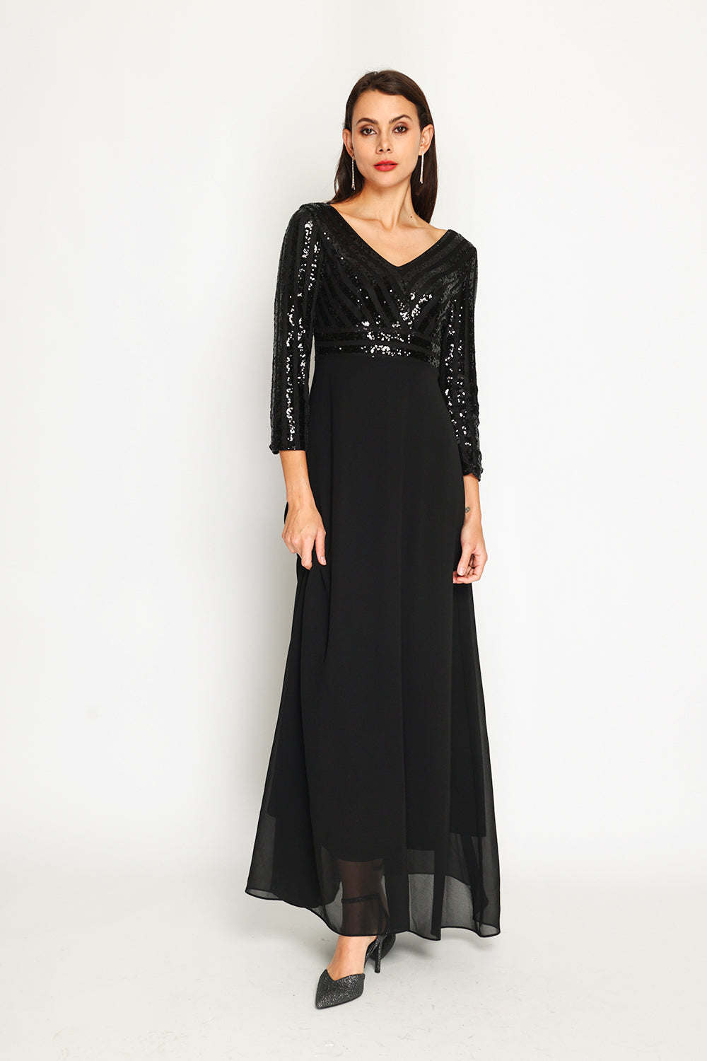 Robe longue col V manches 3/4 à paillettes – Noir – Assuili