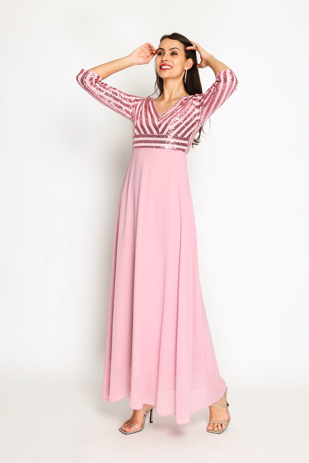 Robe longue col V manches 3/4 à paillettes – Rose – Assuili