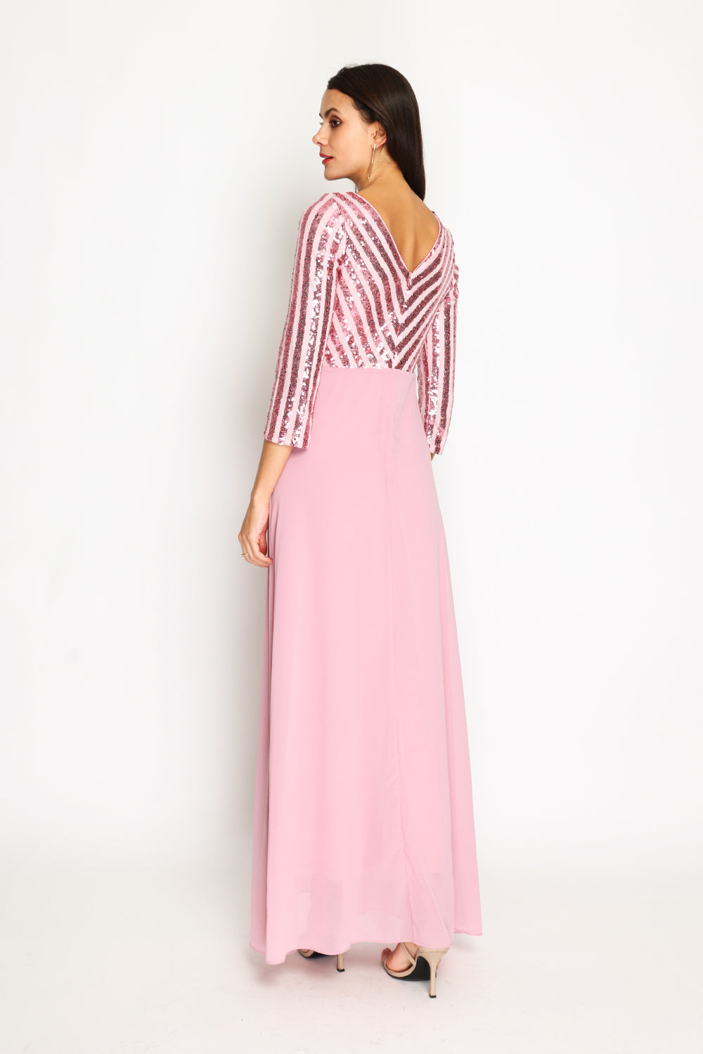 Robe longue col V manches 3/4 à paillettes – Rose – Assuili