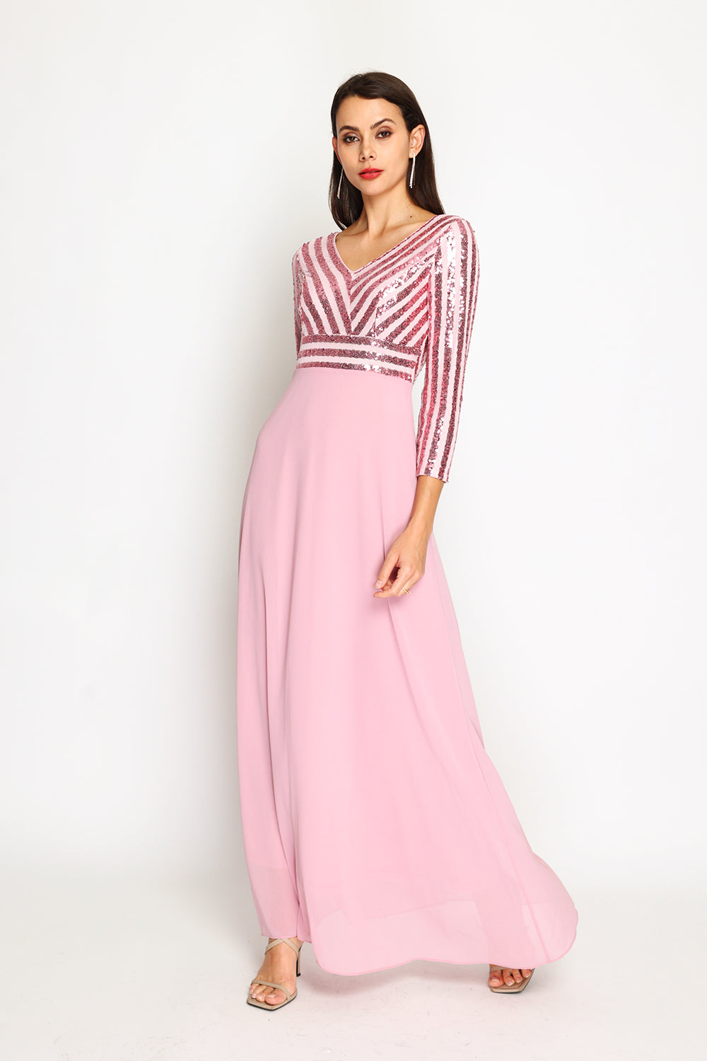Robe longue col V manches 3/4 à paillettes – Rose – Assuili