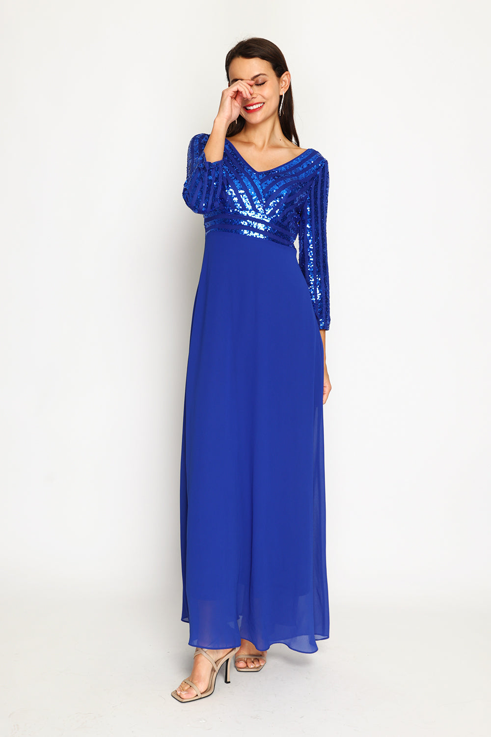 Robe longue col V manches 3/4 à paillettes – Bleu roi – Assuili