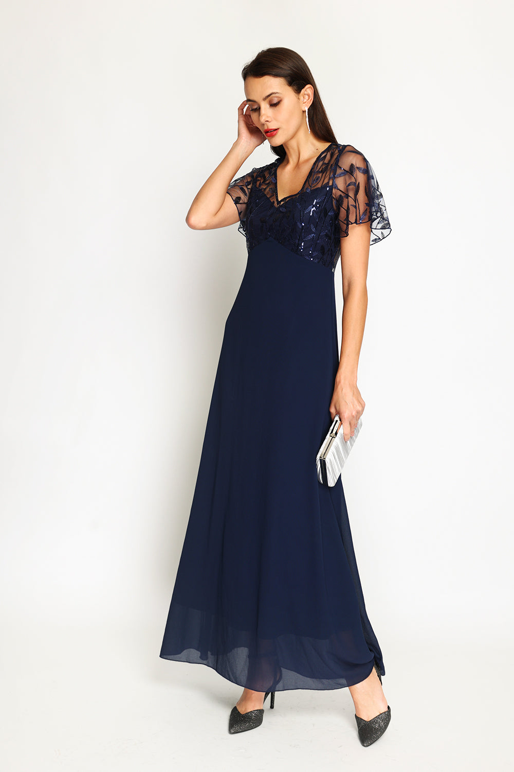 Long V-neck dress with lined rear zip and short pallet sleeves – Night blue – Assuili