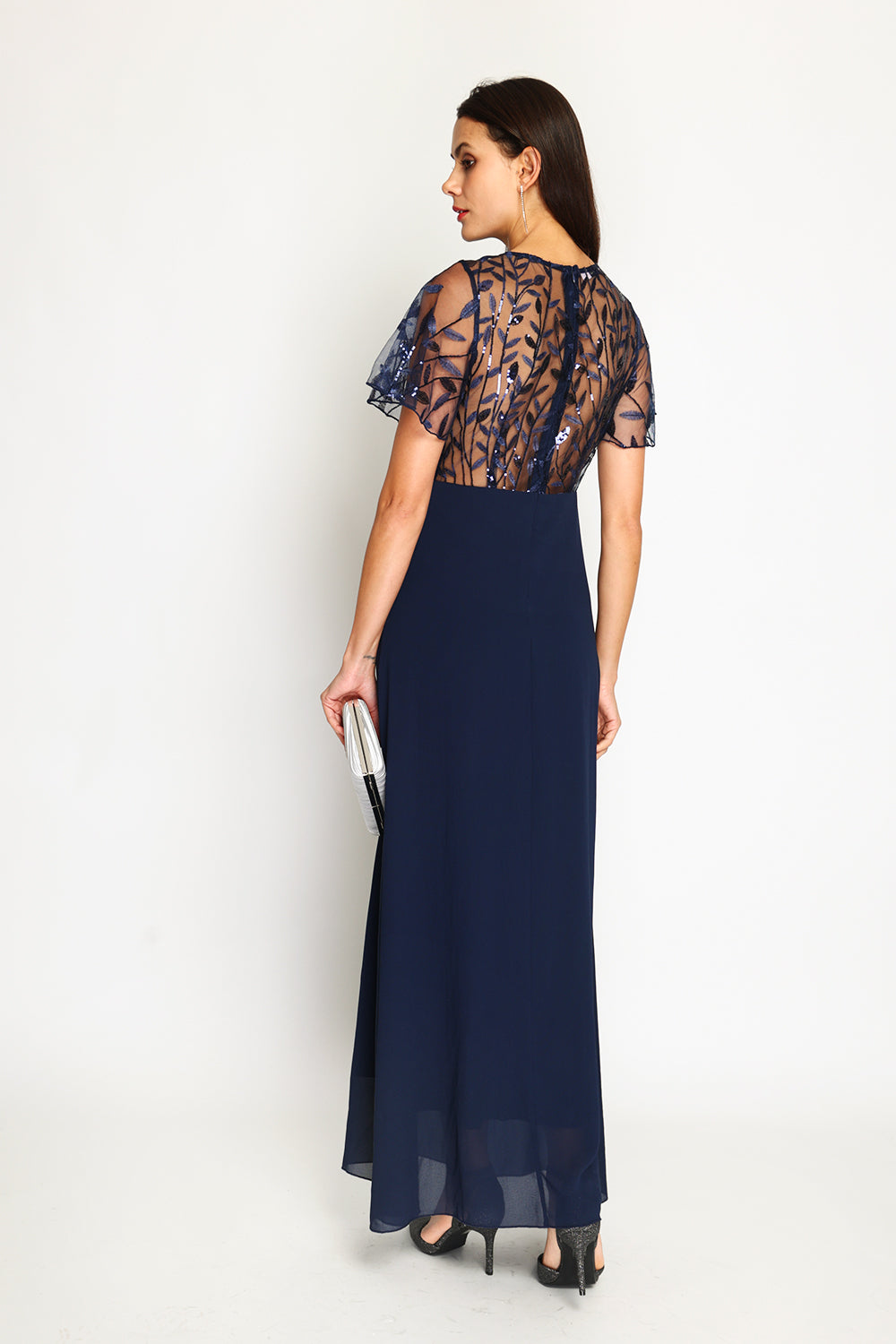 Long V-neck dress with lined rear zip and short pallet sleeves – Night blue – Assuili