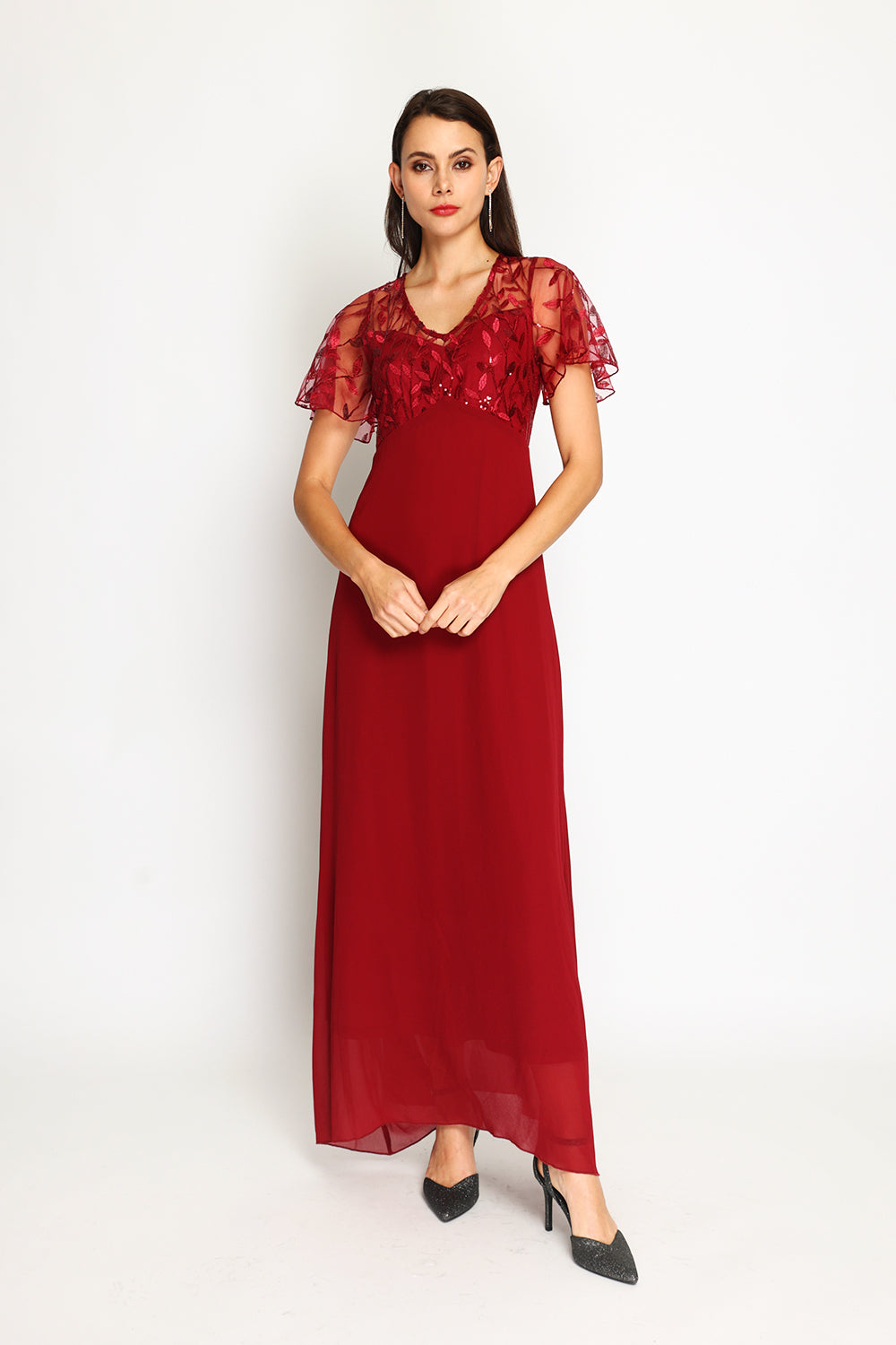 Long V-neck dress with lined rear zip and short pallet sleeves – Wine red – Assuili