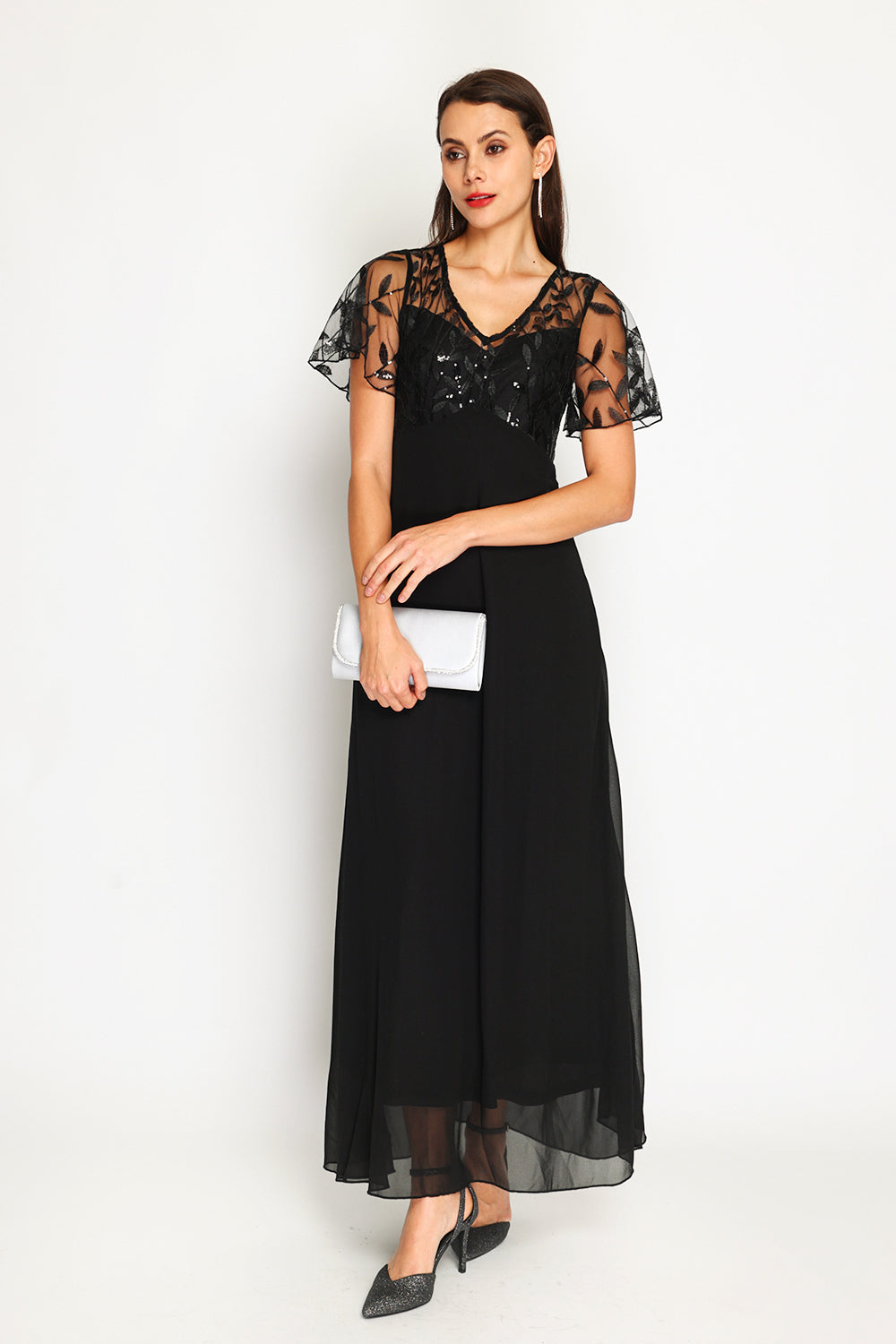 Long V-neck dress with lined rear zip and short pallet sleeves – Black – Assuili