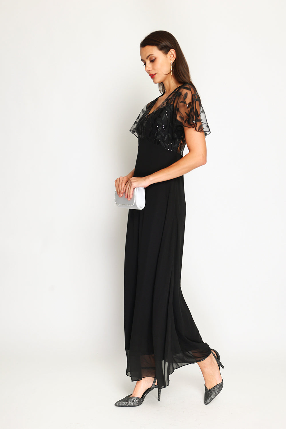 Long V-neck dress with lined rear zip and short pallet sleeves – Black – Assuili