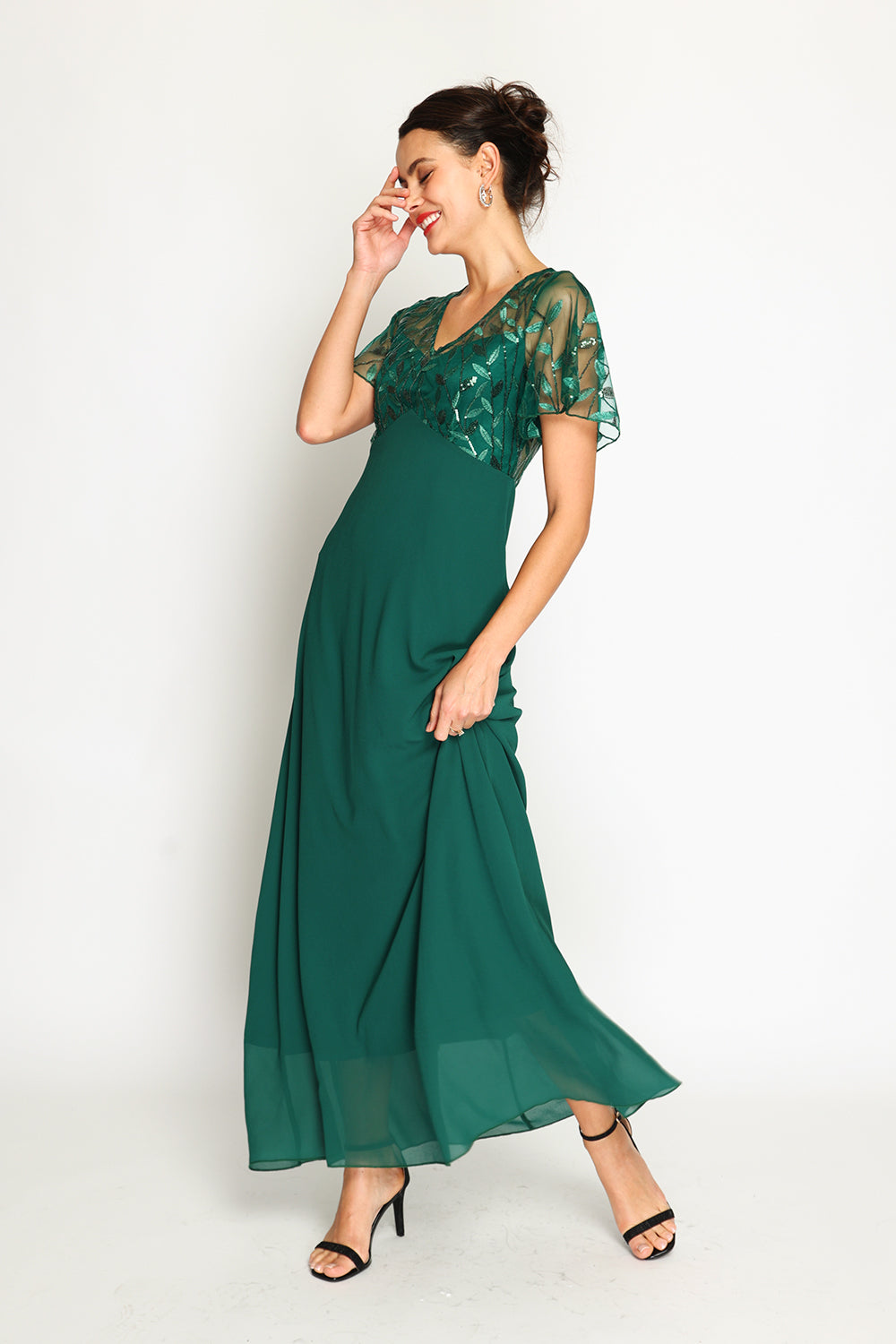 Long V-neck dress with lined rear zip and short pallet sleeves – Amazon Green – Assuili
