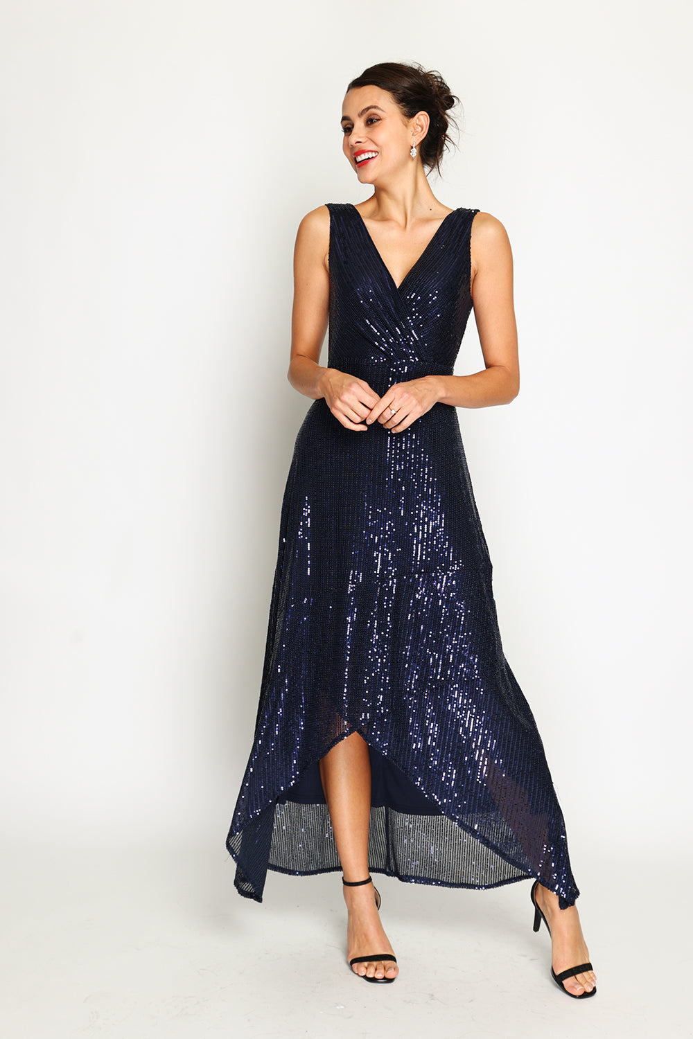 Robe longue col V croisé à paillettes – Bleu nuit – Assuili
